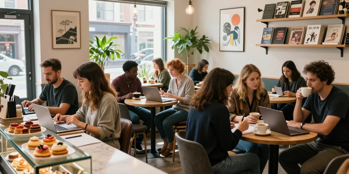 Gathering at a coffee shop discussing rokok88 lifestyle tips, vibrant atmosphere, modern setting.