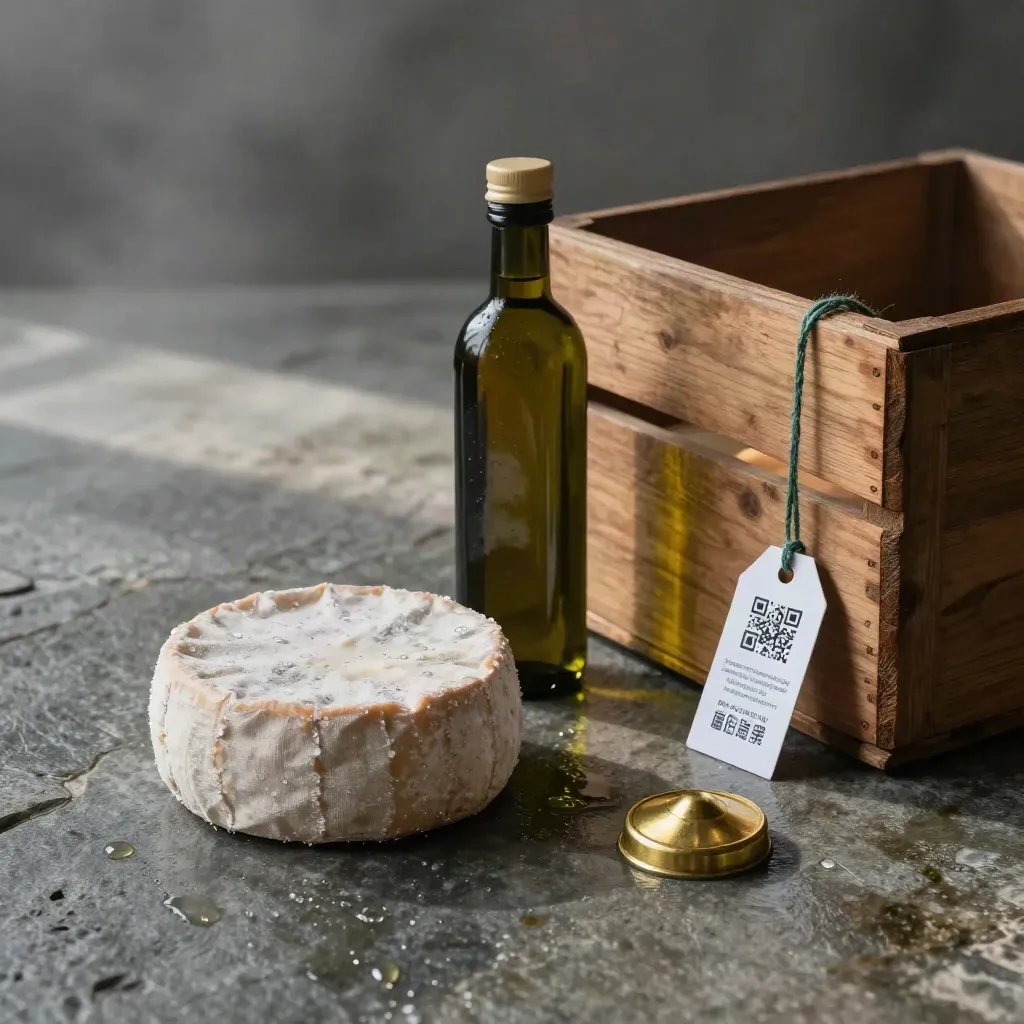 Kit di provenienza per cibo italiano su pietra bagnata, luce alba e atmosfera cinematica.