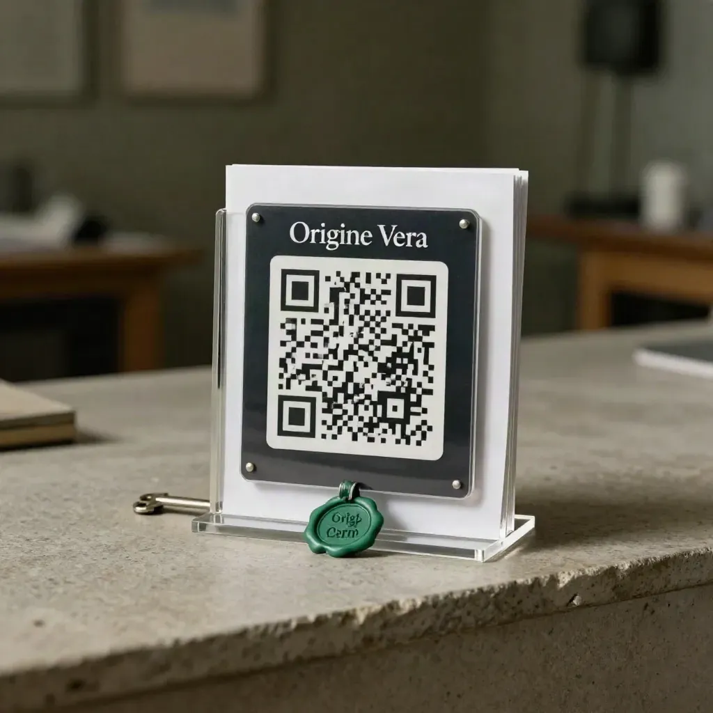 Tabella QR di provenienza con supporto acrilico e sigillo, in luce cinematografica.