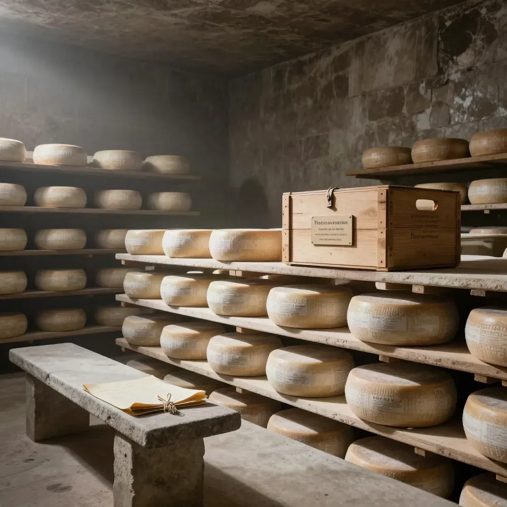 Cantina di caseificio con forme avvolte, casse sigillate e luce calda in controluce.