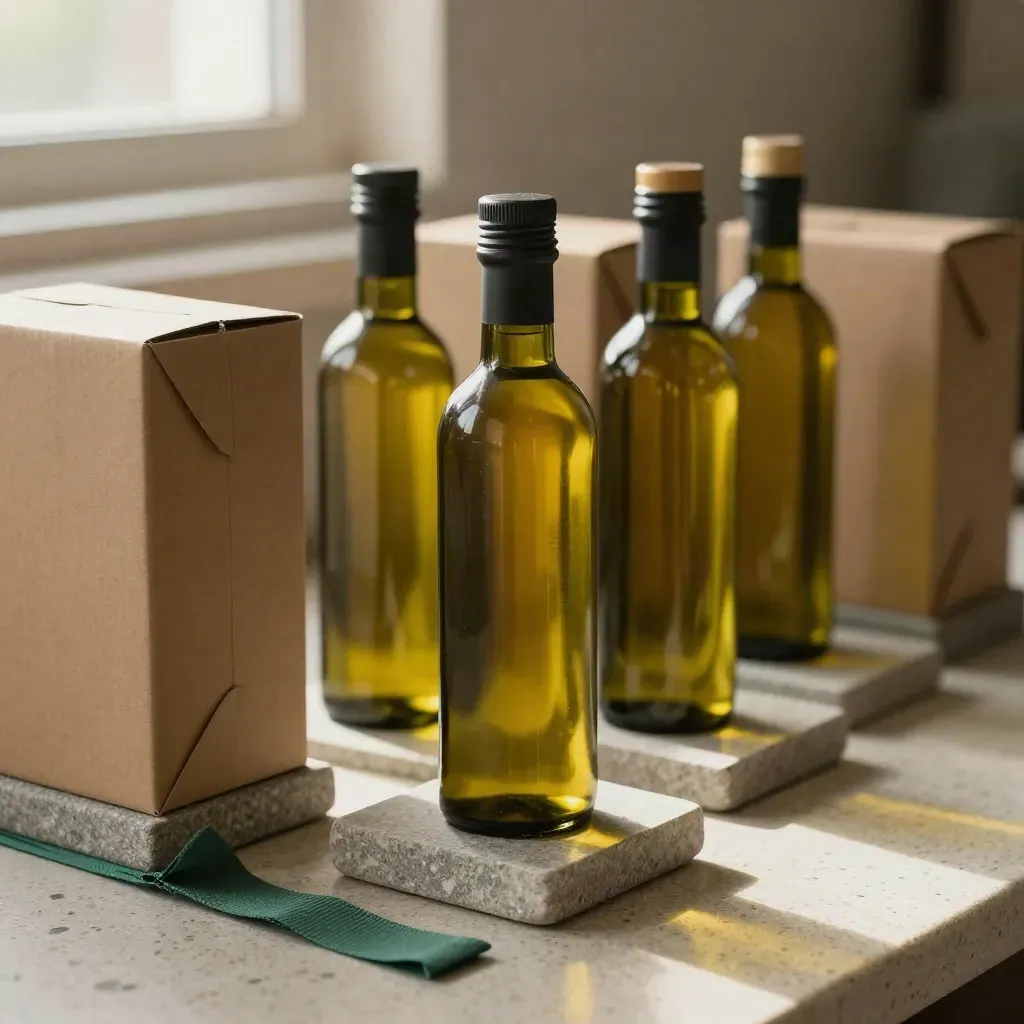 Linea di imbottigliamento olio pronta alla spedizione con bottiglie opache e scatole export su pietra