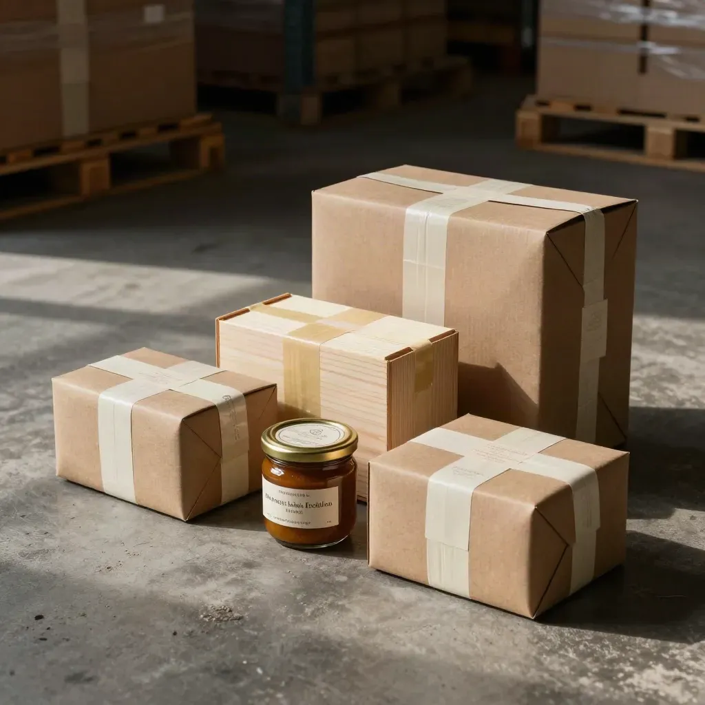 Tre confezioni export dello stesso prodotto in casse diverse, illuminate da luce radente.