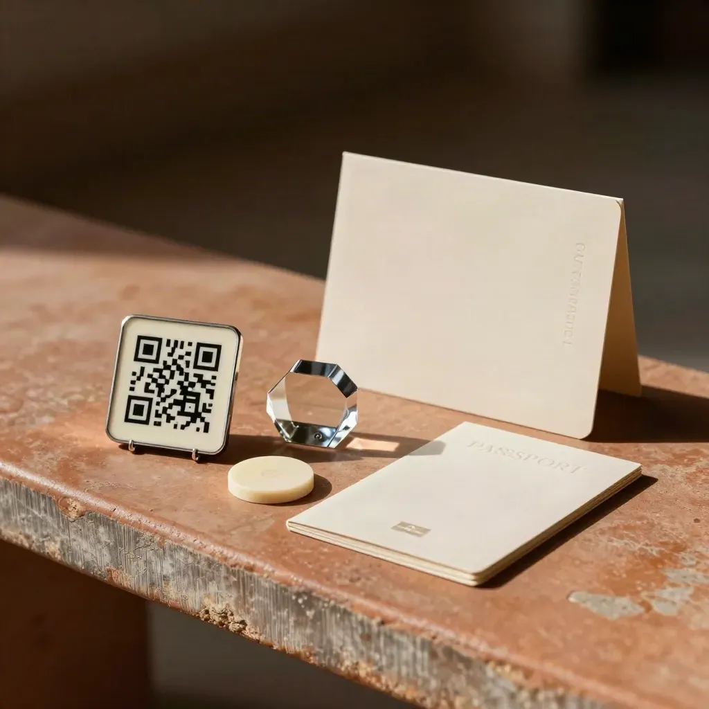 Tessera QR, supporto acrilico e puck NFC su banco artigianale, luce calda.