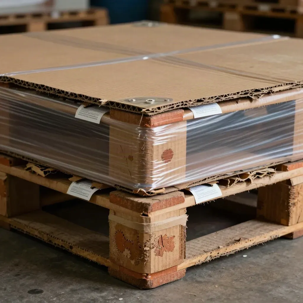Paraspigoli pallet, film stretch e cartoni export su una baia di carico polverosa.