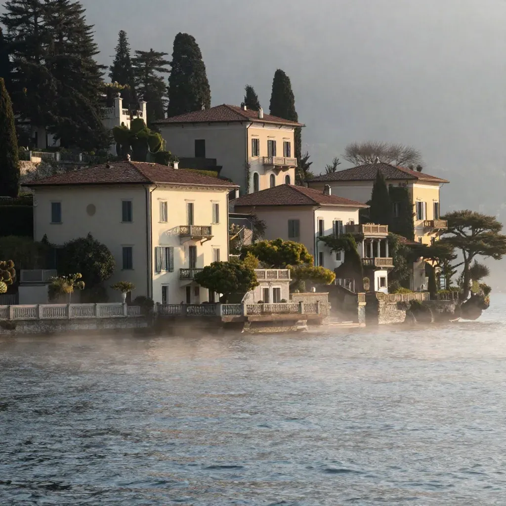 Villa sul Lago di Como all’alba, con nebbia sul lago e facciate illuminate