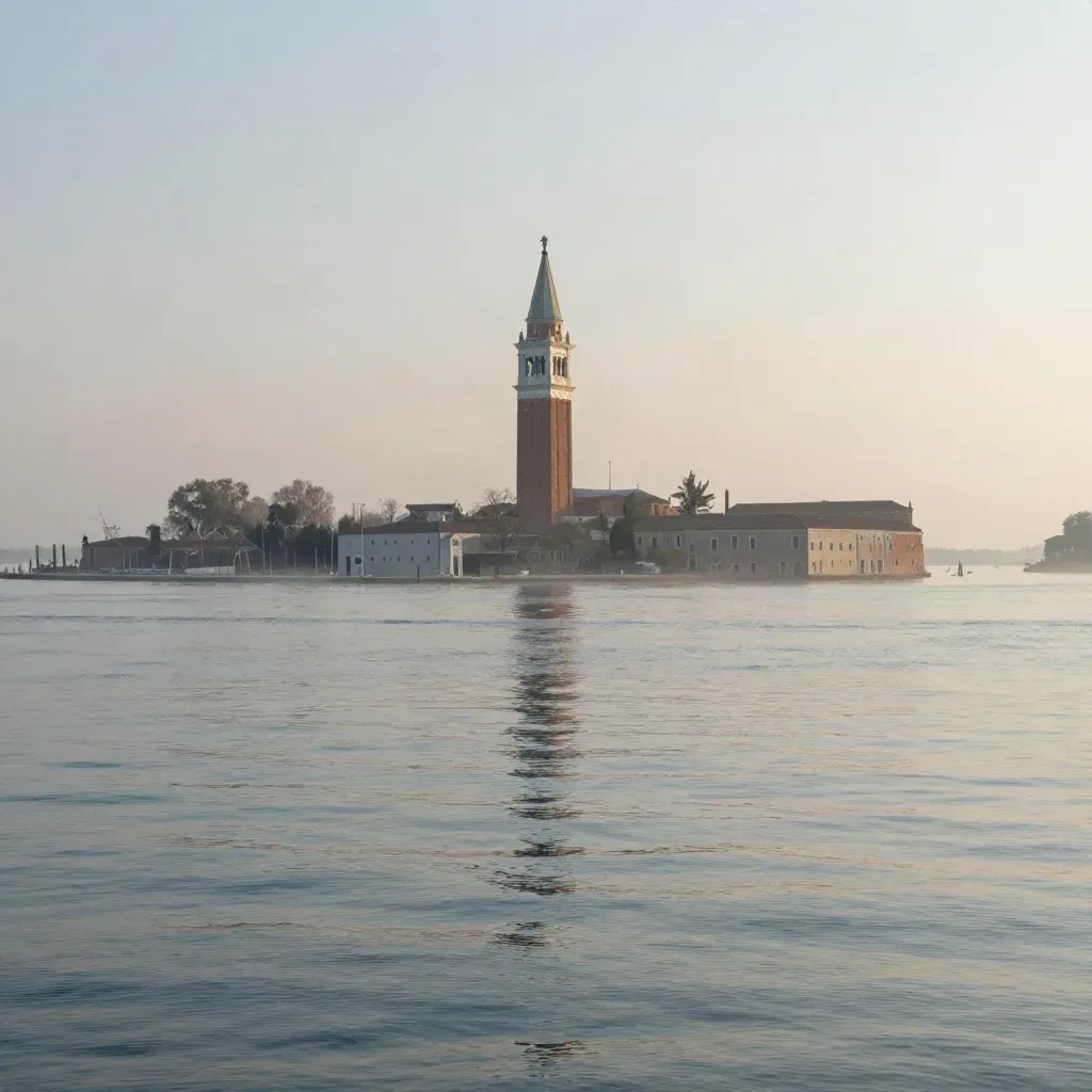 Laguna veneta all’alba con campanile alto, isole lontane e acqua calma nel bagliore dorato