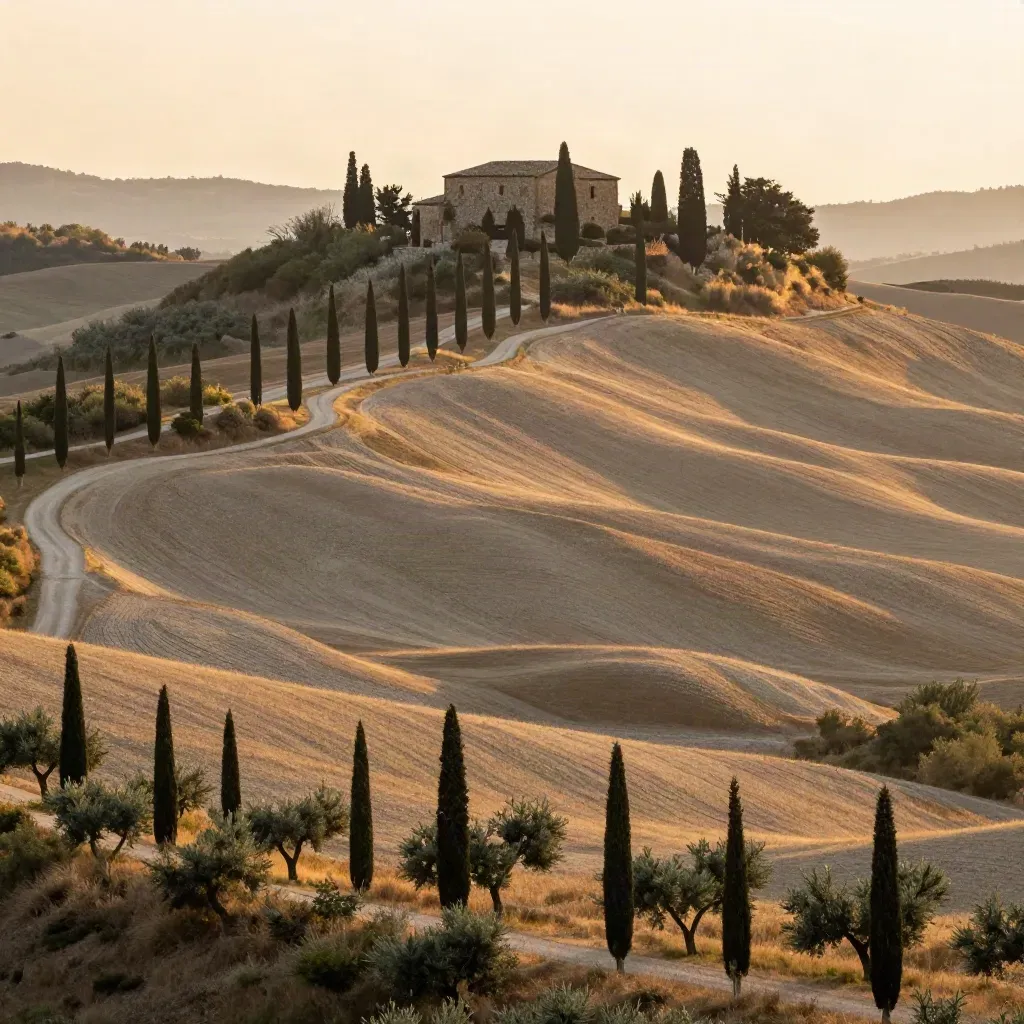 Colline toscane con cipressi, casa colonica lontana e campi morbidi nella luce radente.